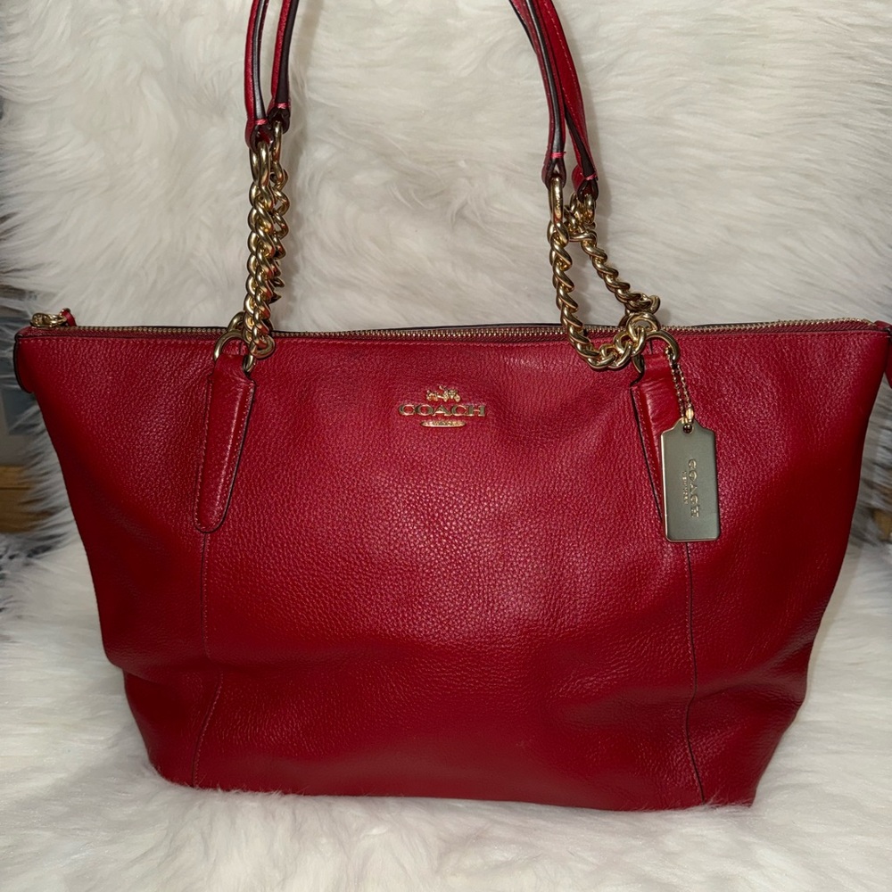 Coach Cherry Red Leather Tote with Gold Accents